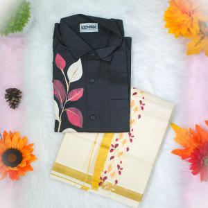 Leaves printed full sleeve black shirt with matching dhoti for men - size Medium