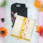 Leaves printed full sleeve black shirt with matching dhoti for men - size Medium