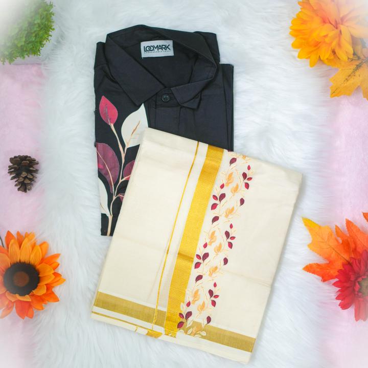 Leaves printed full sleeve black shirt with matching dhoti for men - size Medium