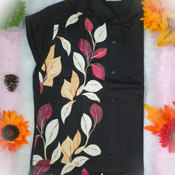 Leaves printed full sleeve black shirt with matching dhoti for men - size Medium