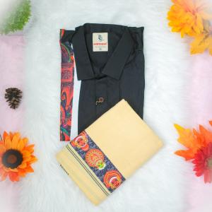 Traditional arts printed full sleeve black shirt with matching dhoti for men - size XL