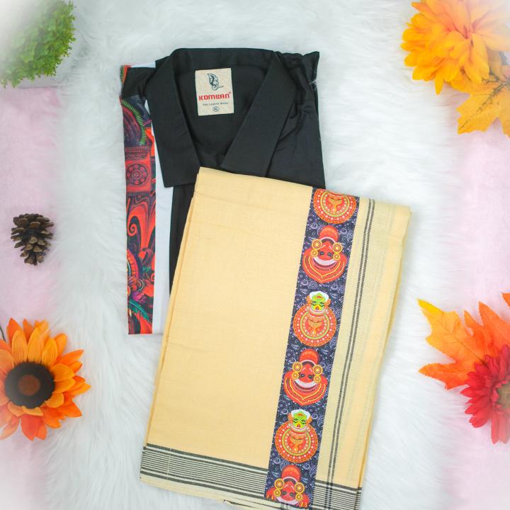 Traditional arts printed full sleeve black shirt with matching dhoti for men - size XL