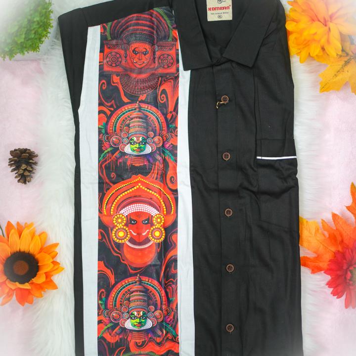 Traditional arts printed full sleeve black shirt with matching dhoti for men - size XL