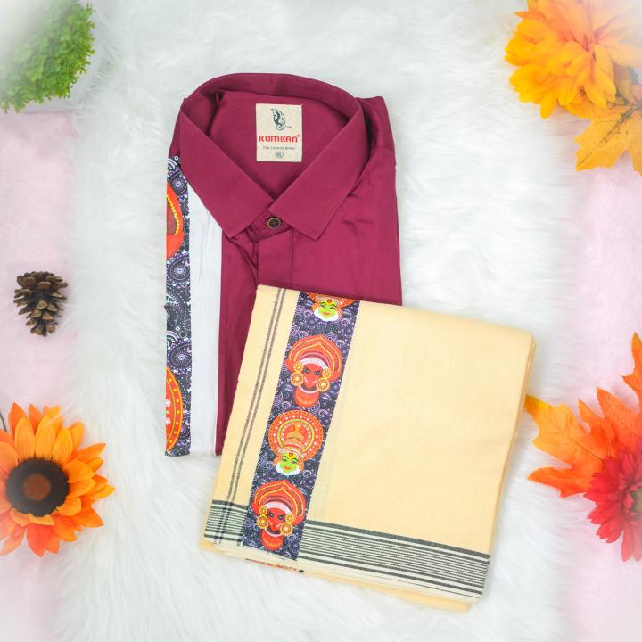 Traditional arts printed full sleeve maroon shirt with matching dhoti for men - size XL