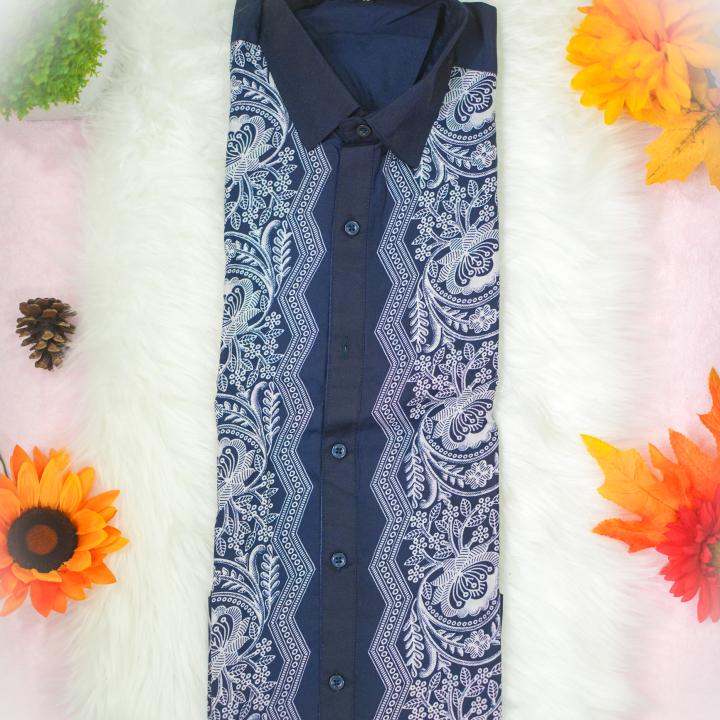 Size 40 - stencil printed abstract design full sleeve dark blue shirt with matching dhoti for men