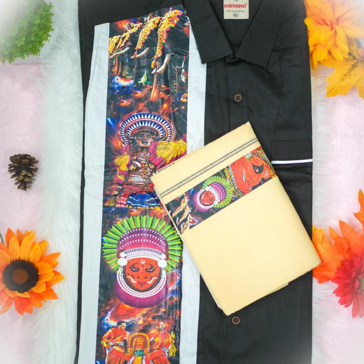 Traditional arts printed half sleeve black shirt with matching dhoti for men - size XXL