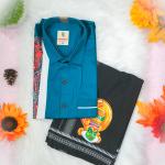 Traditional arts printed half sleeve greenish blue shirt with matching dhoti for men - size XXL