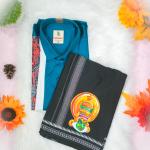 Traditional arts printed half sleeve greenish blue shirt with matching dhoti for men - size XXL