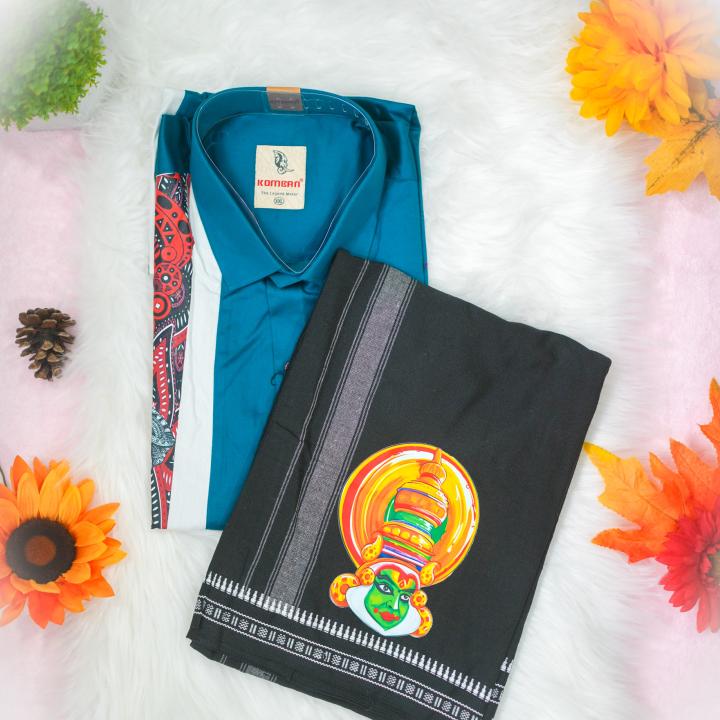 Traditional arts printed half sleeve greenish blue shirt with matching dhoti for men - size XXL