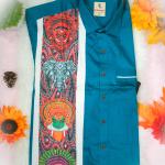 Traditional arts printed half sleeve greenish blue shirt with matching dhoti for men - size XXL
