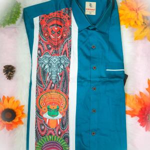 Traditional arts printed half sleeve greenish blue shirt with matching dhoti for men - size XXL