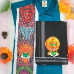 Traditional arts printed half sleeve greenish blue shirt with matching dhoti for men - size XXL