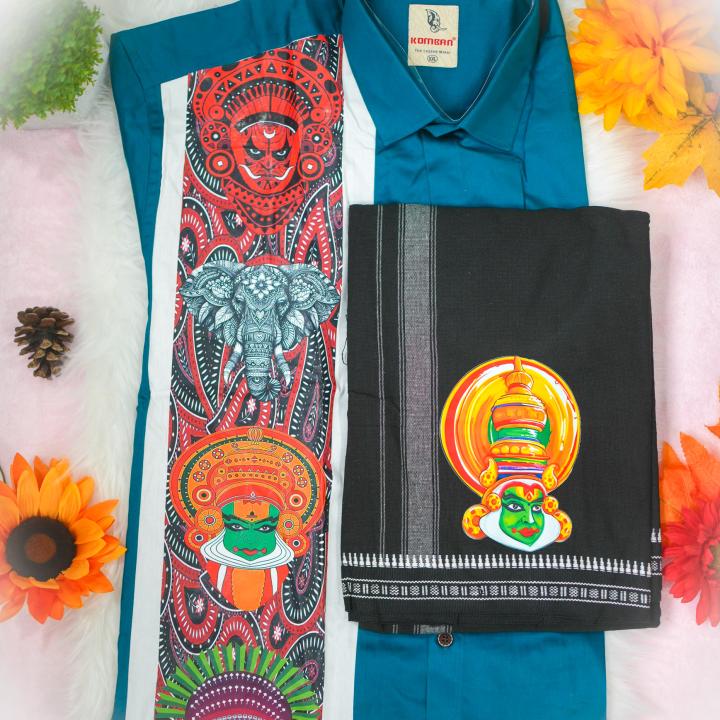 Traditional arts printed half sleeve greenish blue shirt with matching dhoti for men - size XXL