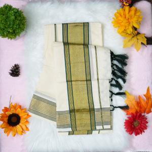 Handloom set mundu with gold and green design
