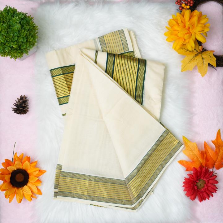 Handloom set mundu with gold and green design