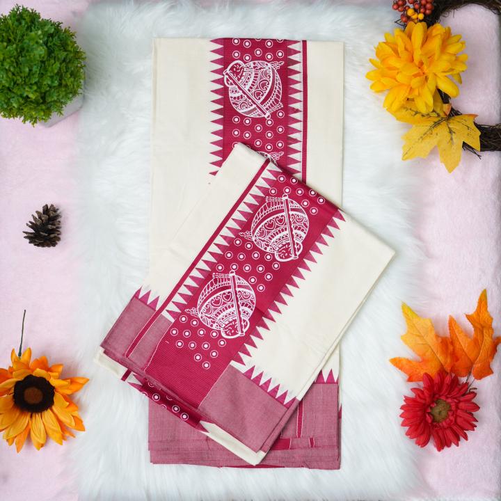 Printed handloom set mundu with red n white design