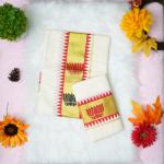 Handloom set mundu with gold, red and black lotus design