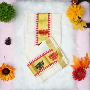 Handloom set mundu with gold, red and black lotus design