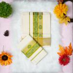 Pure handloom set mundu with gold and green design