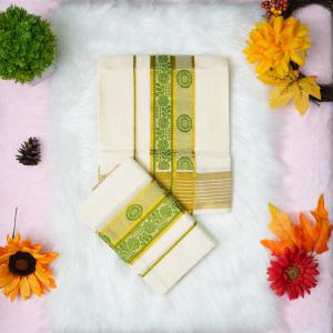 Pure handloom set mundu with gold and green design