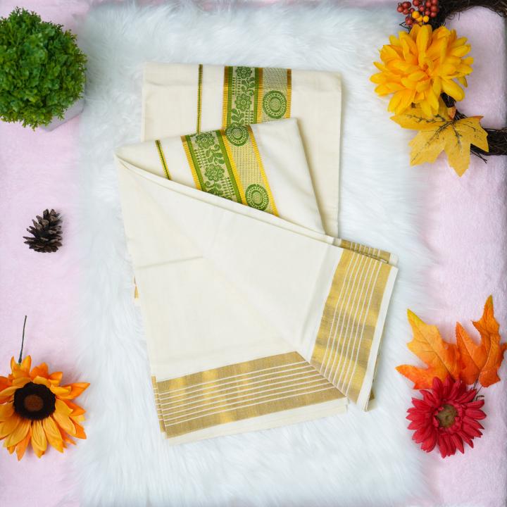 Pure handloom set mundu with gold and green design