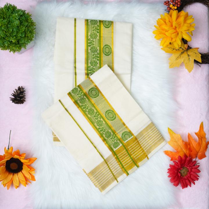 Pure handloom set mundu with gold and green design