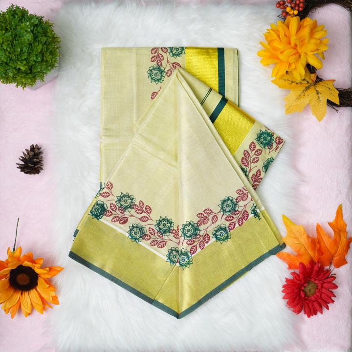 Printed handloom set mundu with gold and green design