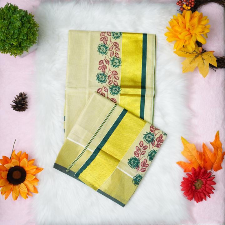 Printed handloom set mundu with gold and green design