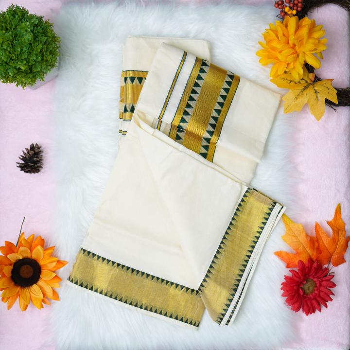 Pure handloom set mundu with gold and green design