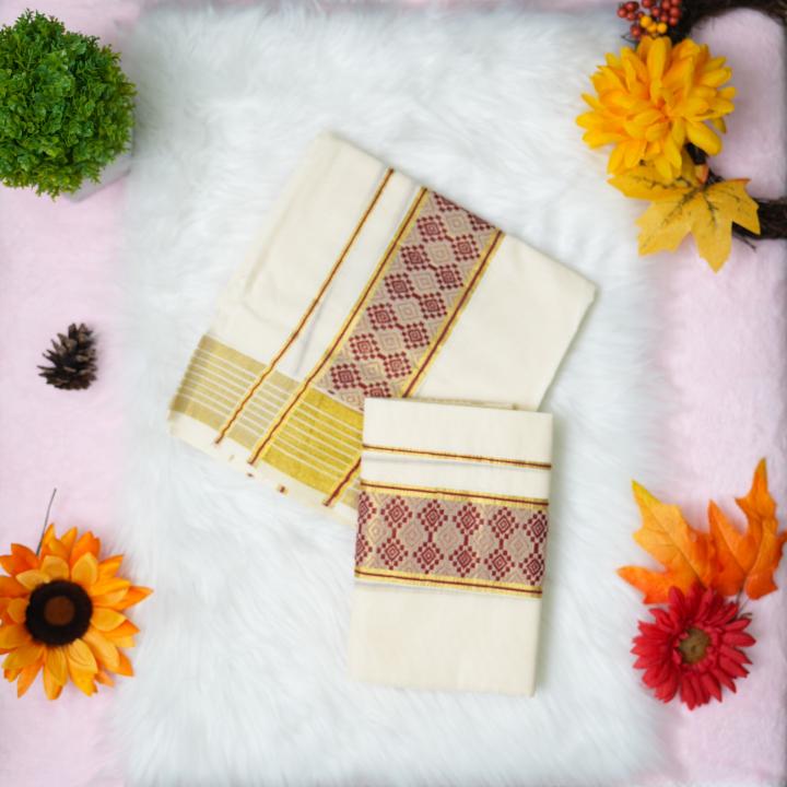 Pure handloom set mundu with gold and maroon design