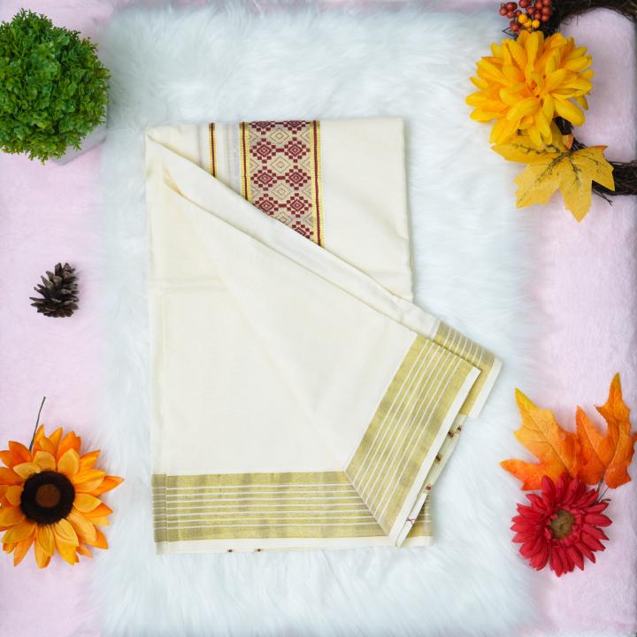 Pure handloom set mundu with gold and maroon design