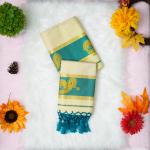 Printed handloom set mundu with gold and green design