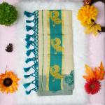 Printed handloom set mundu with gold and green design