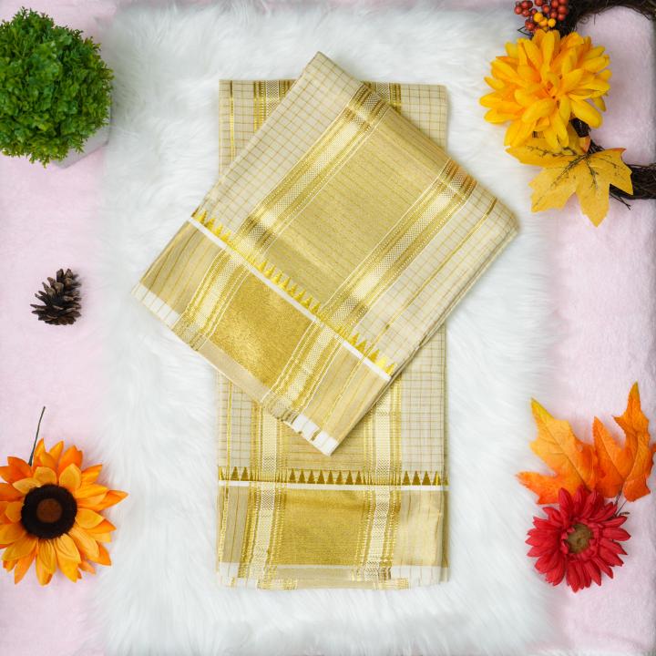 Premium Golden handloom tissue set mundu with overall strips