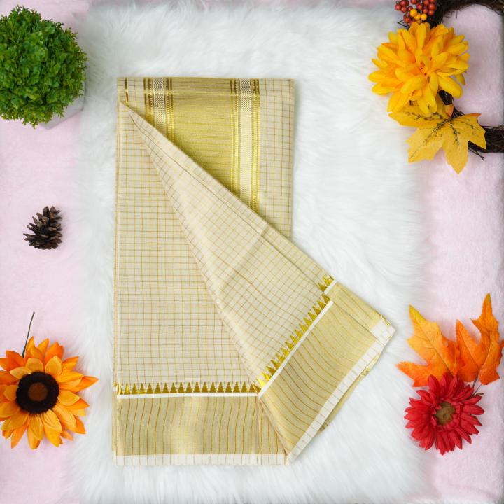Premium Golden handloom tissue set mundu with overall strips