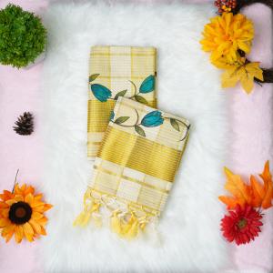 Printed handloom set mundu with gold and blue design