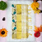 Printed handloom set mundu with gold and blue design