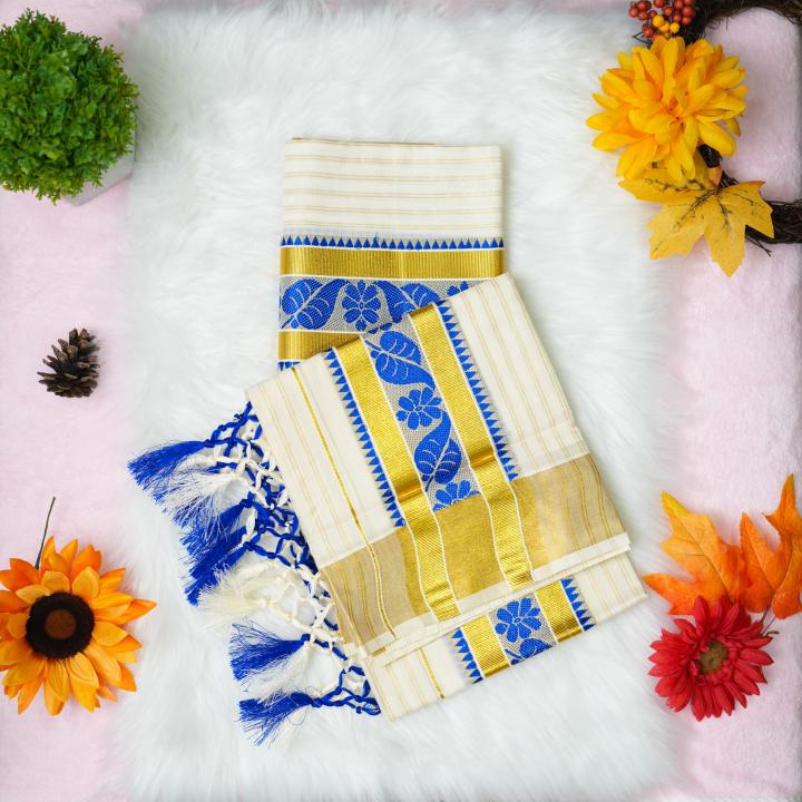 Printed handloom set mundu with gold and blue design