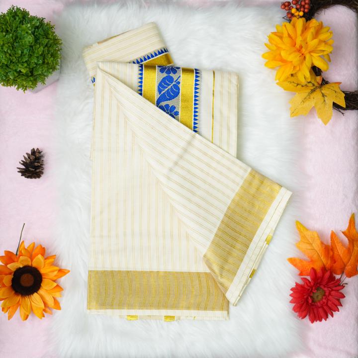Printed handloom set mundu with gold and blue design