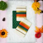 Printed handloom set mundu with red, orange, gold and green stripe design with blouse piece