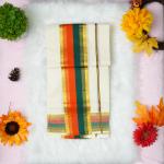 Printed handloom set mundu with red, orange, gold and green stripe design with blouse piece