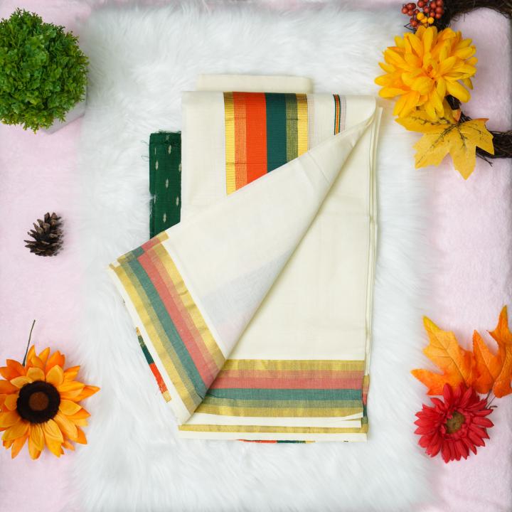 Printed handloom set mundu with red, orange, gold and green stripe design with blouse piece
