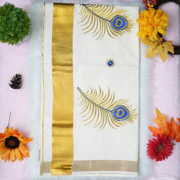 Traditional kerala handloom saree - embroidery peacock feather design