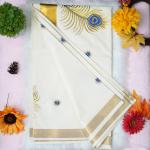 Traditional kerala handloom saree - embroidery peacock feather design