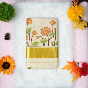 Traditional kerala handloom saree - lotus embroidery
