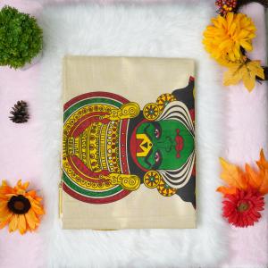 Traditional kerala handloom tissue saree - Printed kathakali whole pallu design