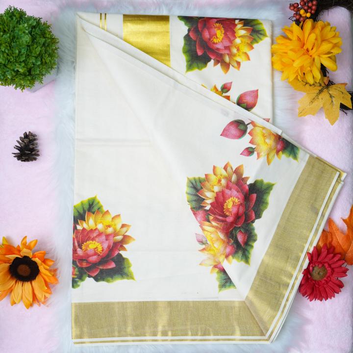 Traditional kerala handloom saree - Printed floral design