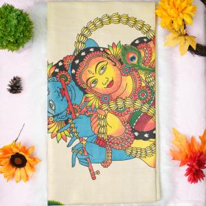 Traditional kerala handloom tissue saree - Printed krishna and radha whole pallu design