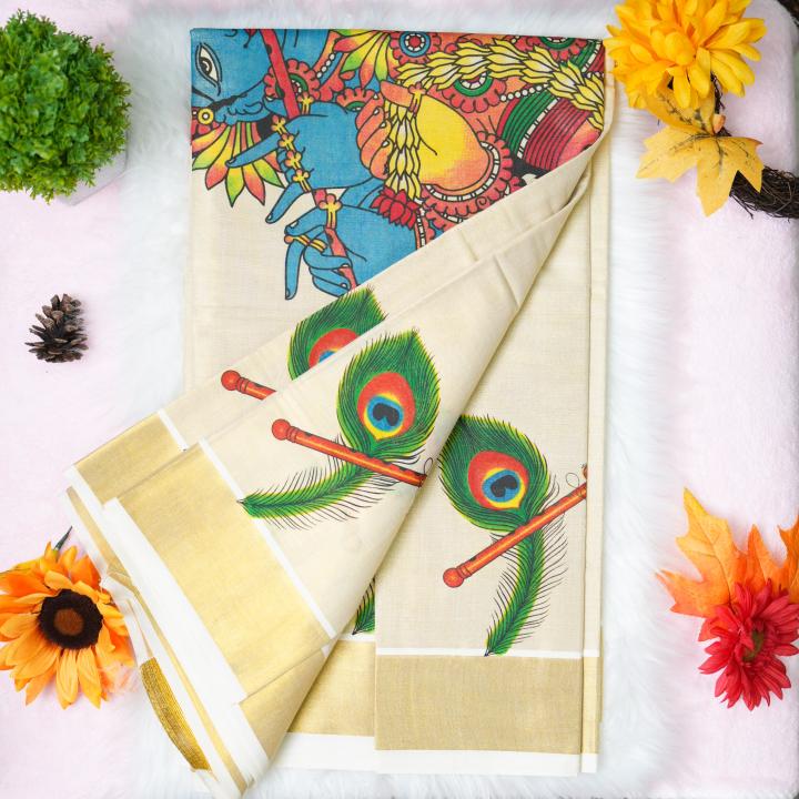 Traditional kerala handloom tissue saree - Printed krishna and radha whole pallu design