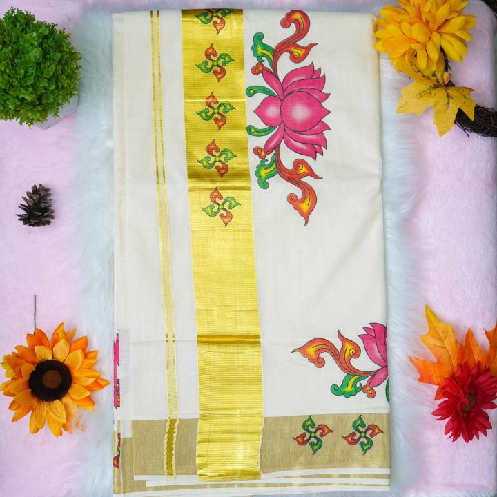 Traditional kerala handloom set saree - Printed lotus floral design